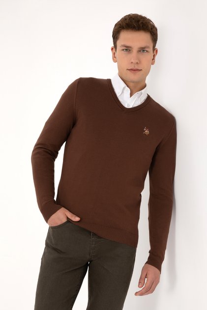 Men's Slim Fit V-Neck Brown Basic Sweater 50307778-Vr029