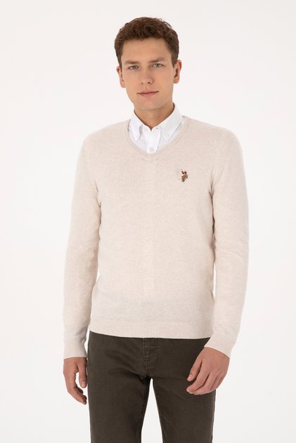 Men's Slim Fit V-Neck Cream Melange Basic Sweater 50307778-Vr159