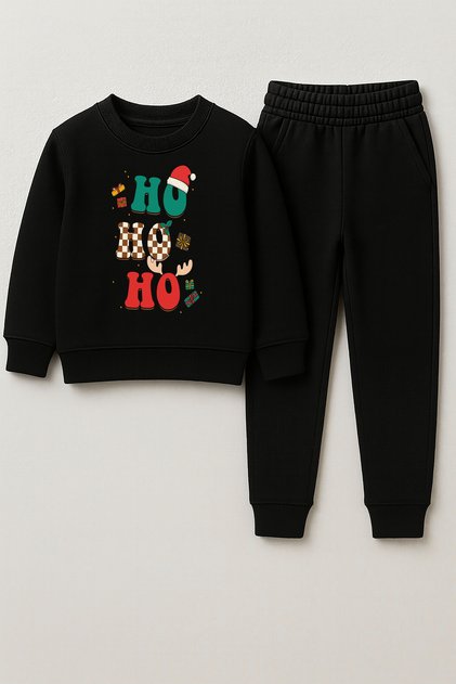 New Year 2026 Santa Claus Christmas Printed Crew Neck Black Children's Tracksuit Bottom Top Set