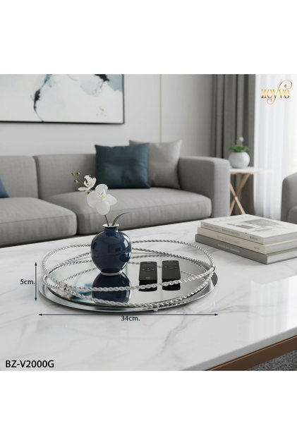 Burgu Model Mirrored Stylish Decorative Round Tray 34X34X5Cm