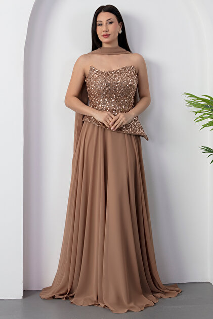 PULLIMM Strapless Neckline Top Sequin Bottom Chiffon Evening Dress Ecr5701-  Trendyol