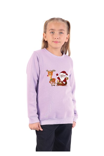Christmas Printed Sweatshirt for Girls, Christmas Themed, Crew Neck, 3-Thread, Fleece-Lined Years Old, 5-10 Years Old, Lilac