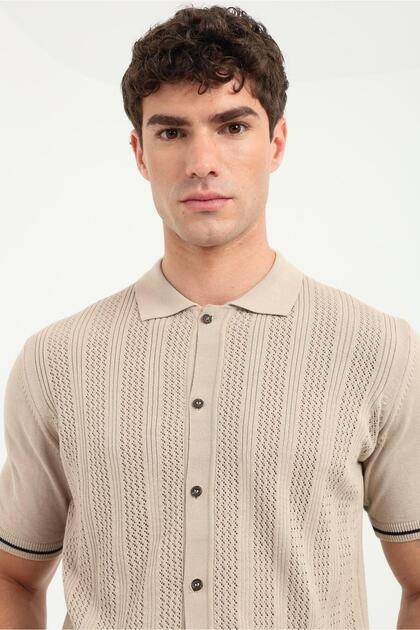 Erkek Slim Fit Bisiklet Yaka Bej Triko T-shirt
