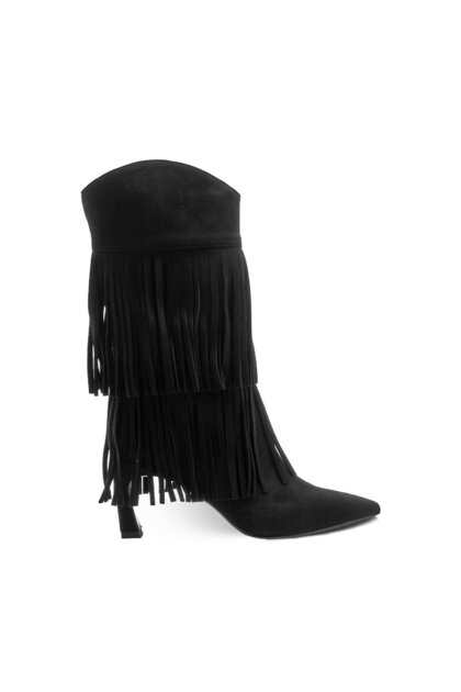 Genuine Suede Leather Tasseled Thin-Heeled Boots N62 Suede Nero