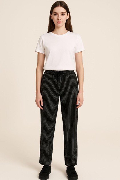 Women's Italian Black and White Striped Elastic Waist Chef Pants