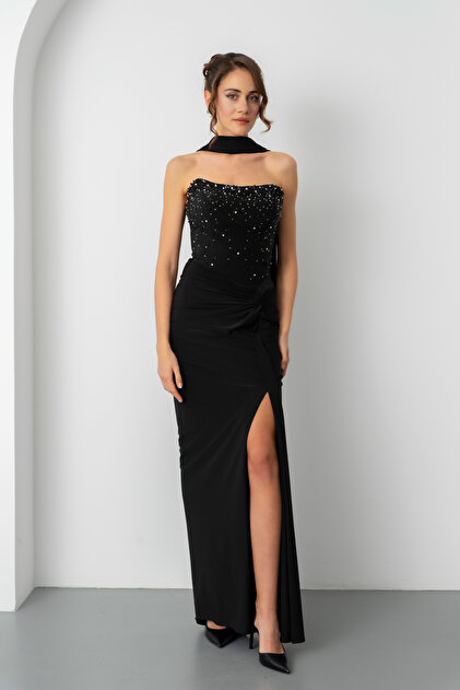 Lafaba Women's Black Shawl Collar Stone Knot Detail Long Evening Dress- Trendyol Lafaba Women's Black Shawl Collar Stone Knot Detail Long Evening Dress- Trendyol
