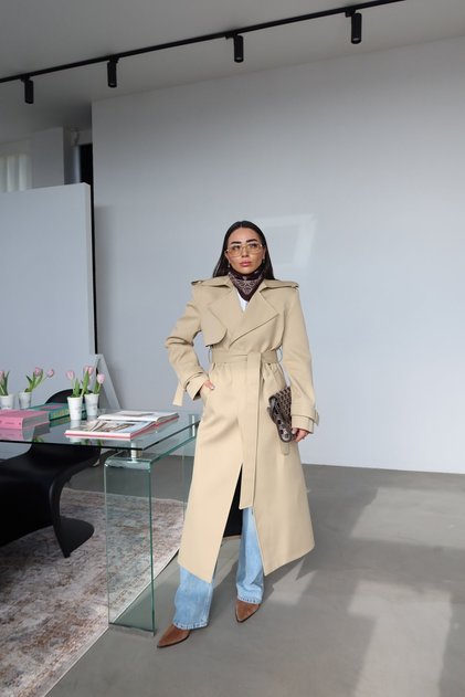 Double-Breasted Collared Self-Belted Premium Trench Coat