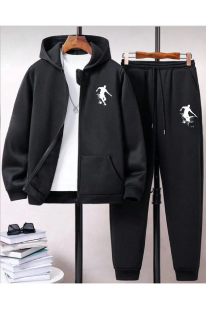 FOOTBALL Silhouette Printed Tracksuit Set Hooded Zipper Sweatshirt Jacket & Jogger Pants Tracksuit Bottoms