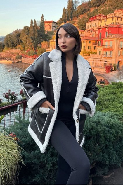 Leather Fur Coat - Black Cream | | F1537 - Black Cream