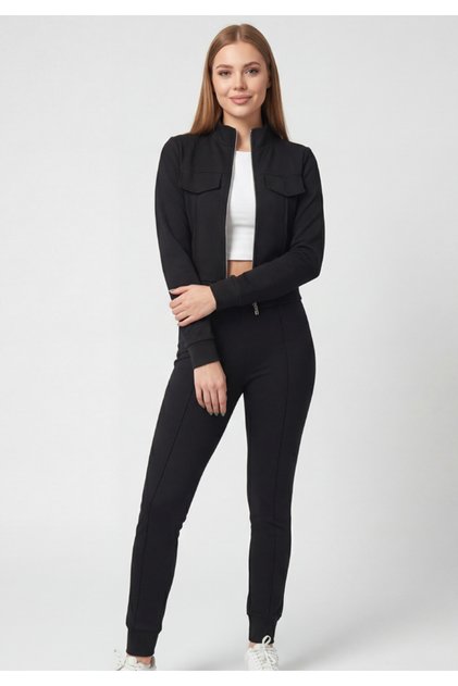 Pocketed Zippered Short Jacket and Pants Two-Piece Set