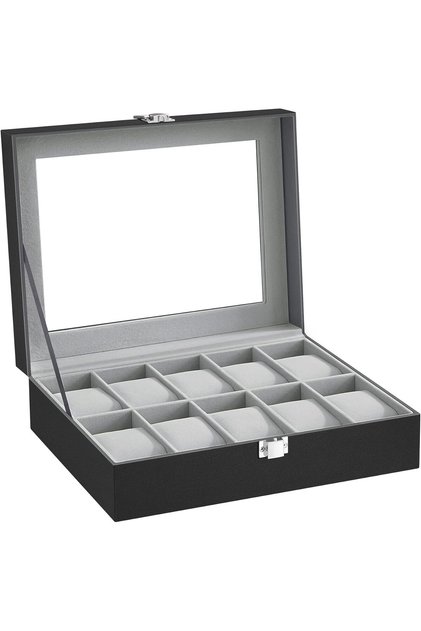 Watch Box with 10 Compartments, Glass Lid, Removable Cushions, Velvet Lining, Gray