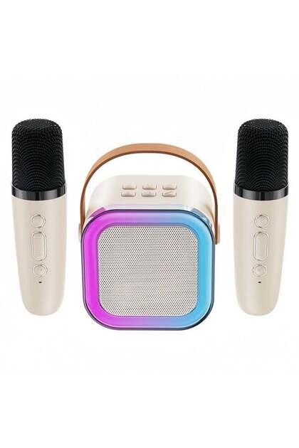 Set karaoke cu difuzor și 2 microfoane wireless, cu Bluetooth, alimentat cu baterii, crem
