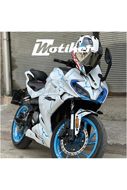 CFMOTO 250SR Sticker 2020-2024 Şimşek Desen Kaplama Sticker Etiket Modeli Beyaz Alt Zemin Mavi Şimşe