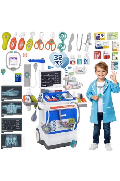 Set Medical de Joacă Cărucior Mobil, 32 Piese, Sunete și Lumini, Albastru