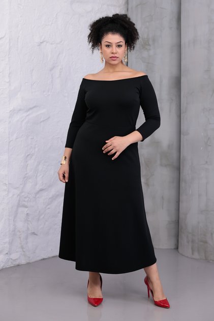 Rochie neagră pentru femei, cu guler larg, cu mâneci cu volan, elastică, mărime mare