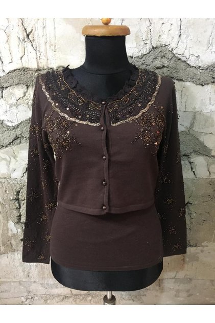 Women's Italian Sim Bead and Sequin Detailed Bolero Set Blouse and Vest 36-42