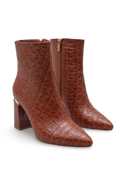 Women's Tan Crocodile Pointed Toe Boots, 8.5 cm Heel, Stylish, Modern, and Powerful Style with Gold Detail.