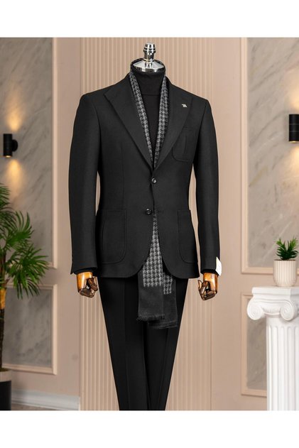 Italian Style S Slim Fit Peaked Lapel Men's Single Jacket Black T14905