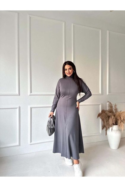 Turtleneck Front Slit Modal Dress