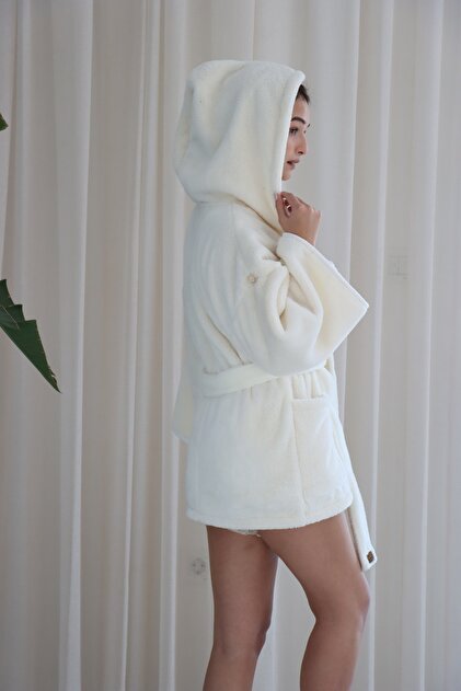 ladies short hooded dressing gown Cream Womens Matching Family Cherry Print Fleece Hooded Short Dressing Gown