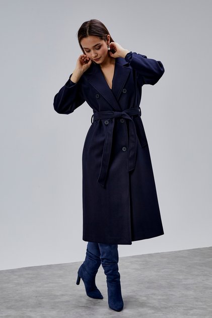 Navy Blue Double-Breasted Closure Waist-Tied Wide Fit Cashmere Coat