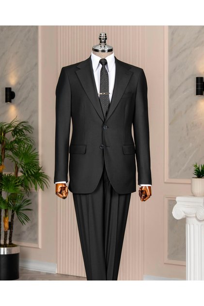 Italian Style S Slim Fit Mono Collar Jacket Pants Suit Black T14759