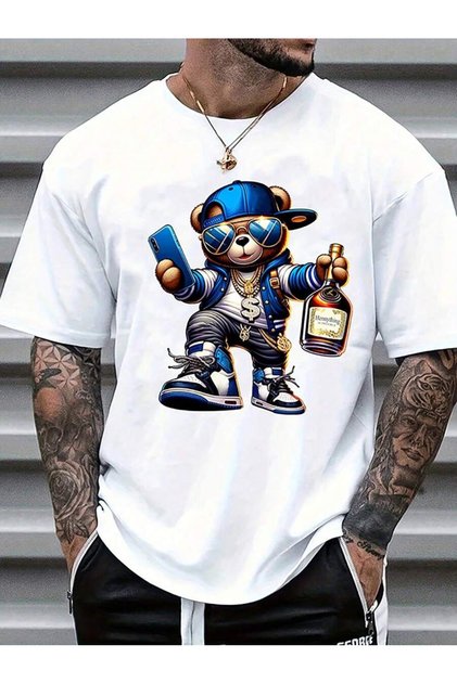 Tricou casual cu mânecă scurtă, cu imprimeu cu ursuleț de desene animate