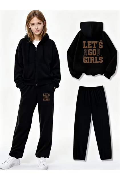 Unisex Let's Go Girls Printed Zippered Black Oversized Hooded Bottom Top Set Tracksuit Set