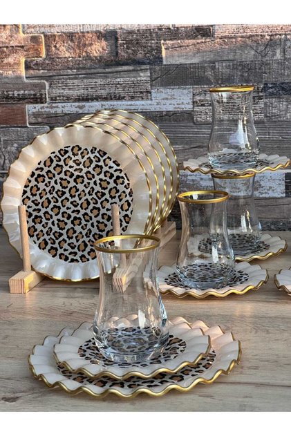 18 Parça Leoparlı Cam Çay Seti
