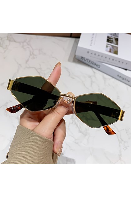 c4 Golden Green Fashion Hexagon Sunglasses for Women Retro Gold Frame Beach Vacation Travel Driving