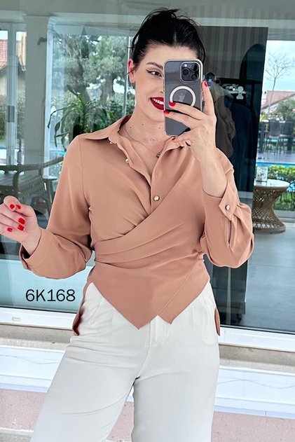 Metal Buttoned Blouse with Waist Tie 6K168