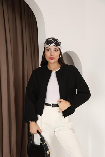 Women's New Season Trend Balloon Sleeve Elastic Bitter Brown Cashmere Bomber Jacket