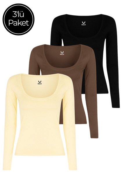 Women's 3-Pack Black-Brown-Cream U-Neck Bodycon Long Sleeve Blouse