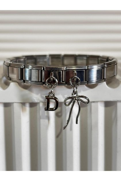 Steel Italian Bracelet with Letter D Ribbon Charm