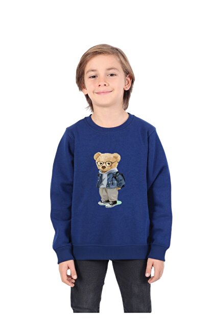 Boy's Sweatshirt Teddy Bear Printed Crew Neck 3-Thread Fleece-Lined 5-10 Years Old Navy Blue