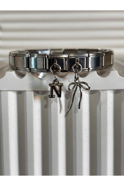 Steel Italian Bracelet with Letter N Ribbon Charm