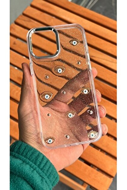EDELFU iPhone 13 ve 14 - Şeffaf Simli Kırmızı Kiraz Desenli Kapak