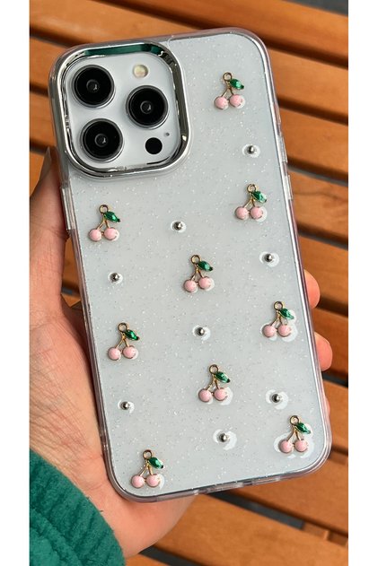 iPhone 14 Pro Max - Transparent Glittery Pink Cherry Pattern Cover Shiny Case with Camera Protrusion