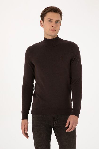 Men's Slim Fit Half Turtleneck Dark Brown Basic Sweater 50307783-Vr084
