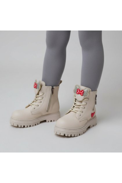 Girl's Beige Color Zippered Style Children's Boots with Bow-Tie Figure