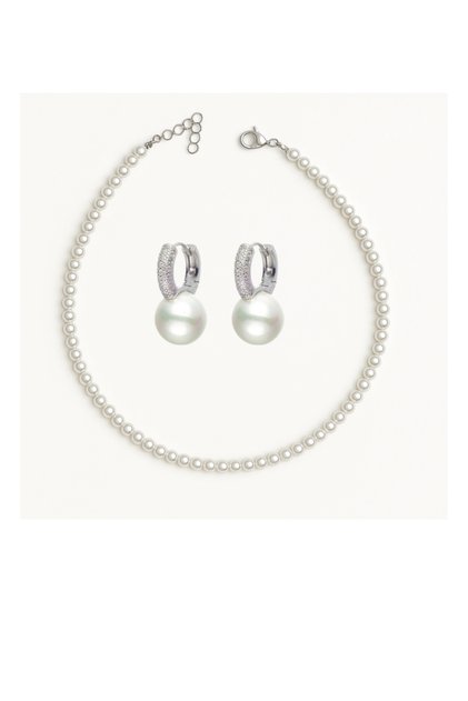 Set Placat cu Argint Colier tip Choker Perle Albe si Cercei Lady