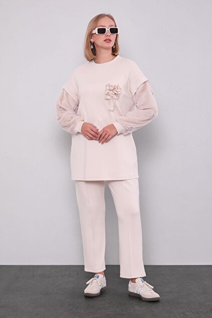 Cream Fur Sleeve Detailed Double Set
