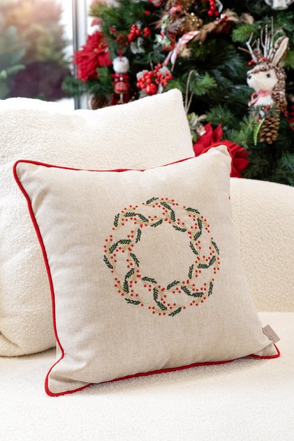 Xmas Beige Embroidered Piped Throw Pillow Cover 45X45 2550