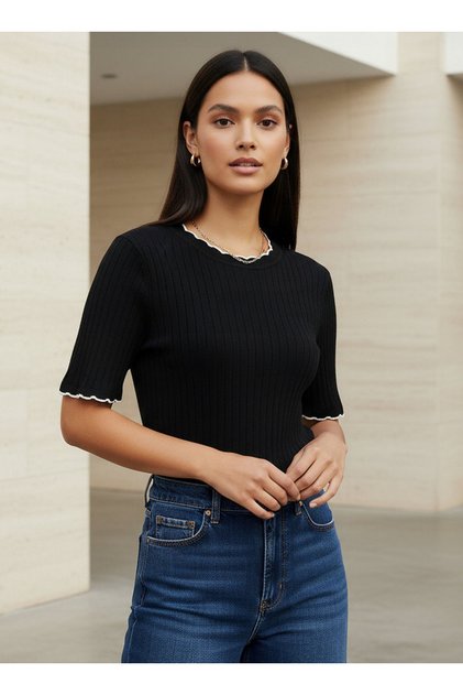 Ribbed Scallop Neck Sweater