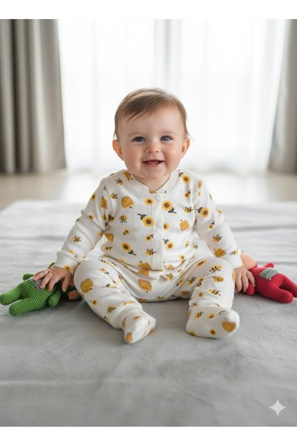 Baby Girl Boy 100% Cotton Pajama Set Soft Ribbed Snap Fasteners 0-9 Months Bee Themed