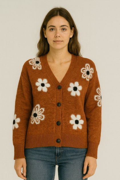 Daisy Pattern Buttoned Regular Loose Cardigan