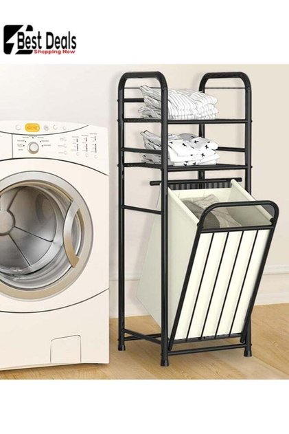 Laundry Basket Rack - Hamper with Storage Shelf, Spliced Iron Bathroom Laundry Rack
