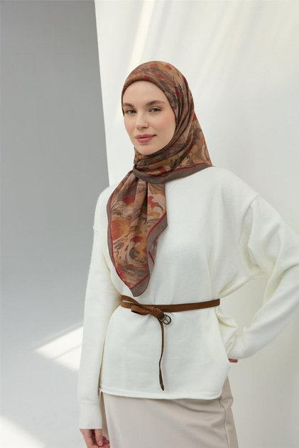 Viscose Velora Scarf Dark Mink Strawberry Red Patterned Soft Textured Tok Duruşlu 90X90