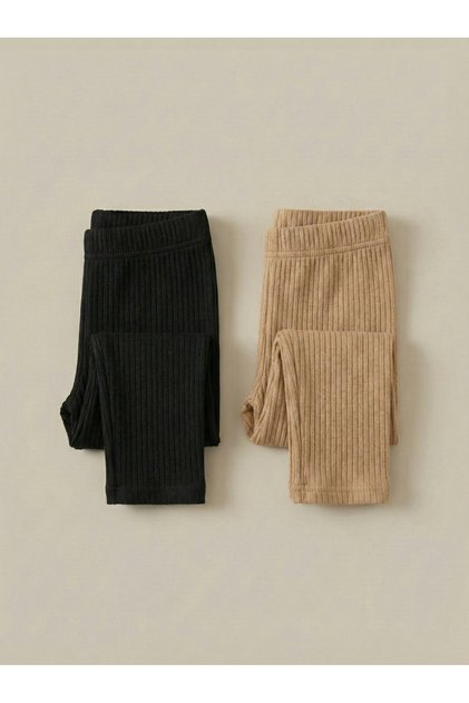 Girl's 2-Piece Set of Corded Fabric Stretchy Cotton Children's Long Leggings Set Narrow Leg Beige - Black
