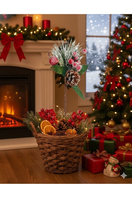 25 cm – Christmas Pine Branch Berry Cluster Pinecone Snowy Decorative Branch